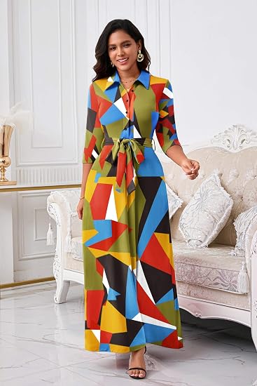 Runwind Women Church Maxi Dresses 3/4 Sleeve Button Down Print Casual Office Dress African