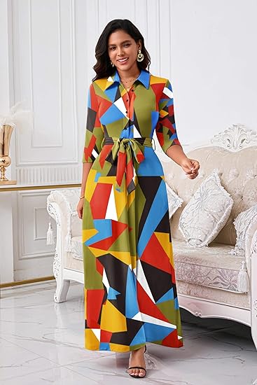 Runwind Women Church Maxi Dresses 3/4 Sleeve Button Down Print Casual Office Dress African