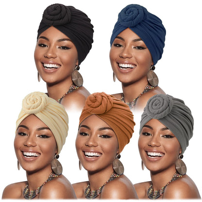 DRESHOW 5 Pack Knotted Headwraps for Women African Turban Pre-Knotted Beanie Headwraps Hair Covers