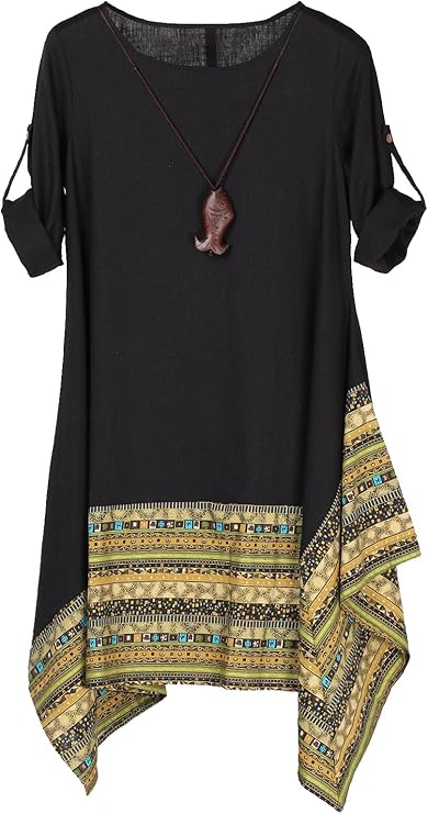 Minibee Women's Ethnic Cotton Linen Short/Long Sleeves Irregular Dress