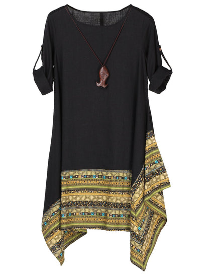 Minibee Women's Ethnic Cotton Linen Short/Long Sleeves Irregular Dress
