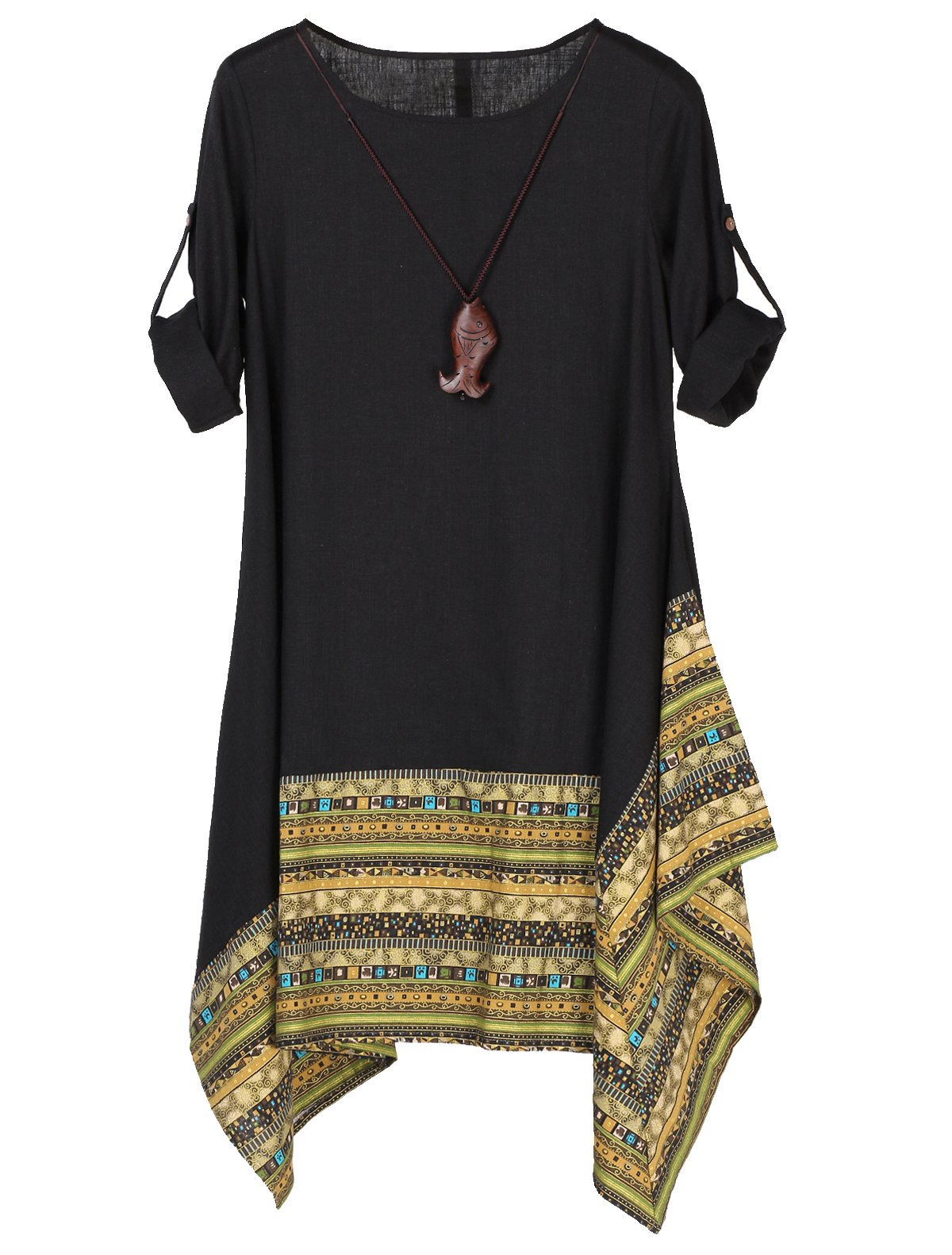 Minibee Women's Ethnic Cotton Linen Short/Long Sleeves Irregular Dress