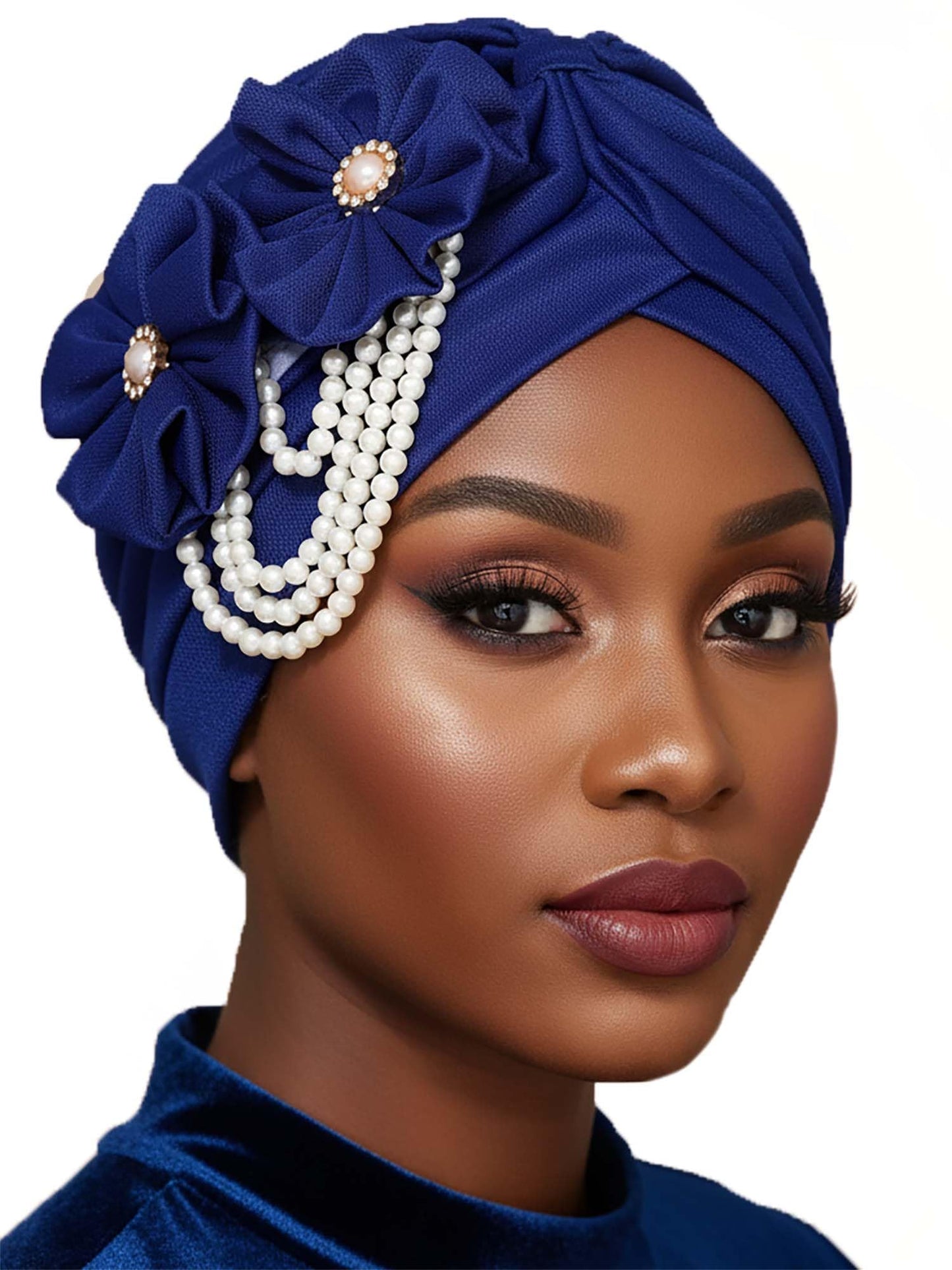Woeoe Pearl Flower African Hats Pre-Tied Turbans Stretchy Twisted Church Wedding Head Wraps for Women