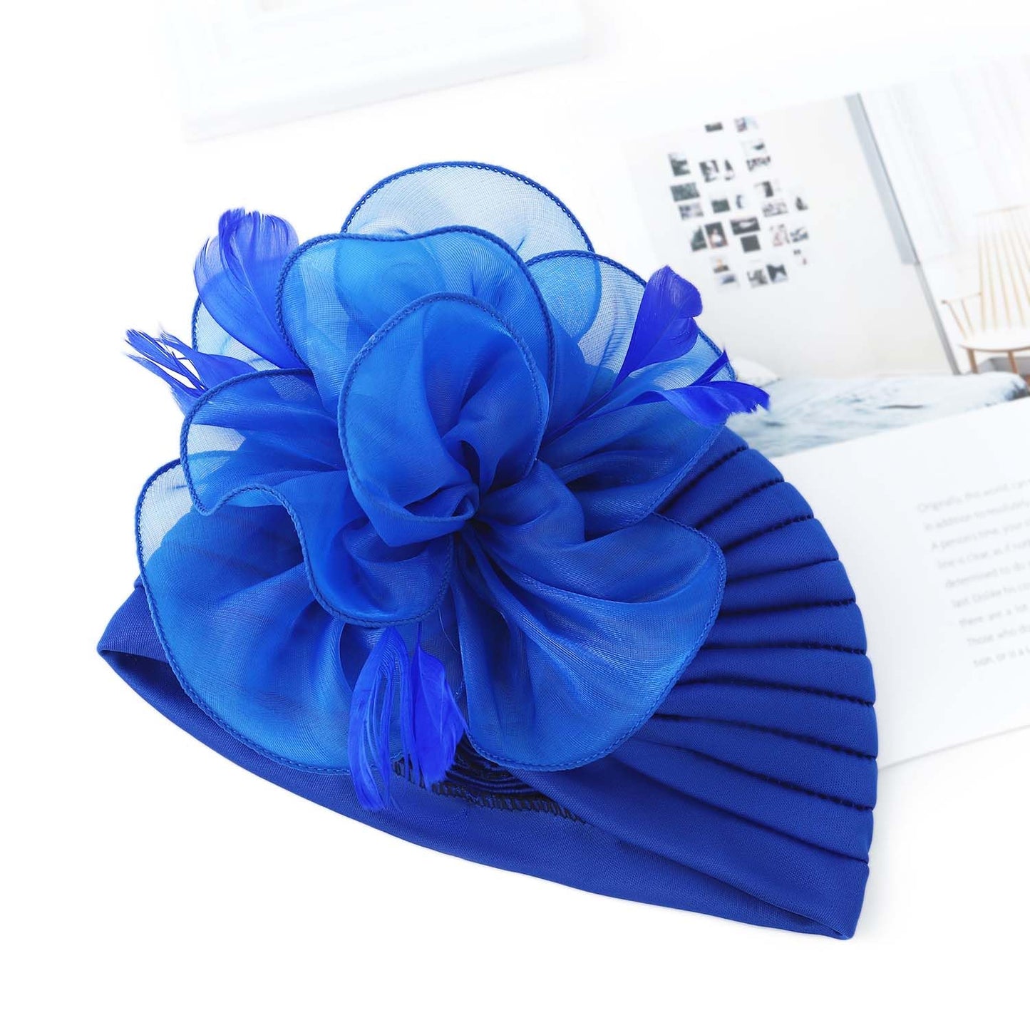 Woeoe Flower Turban Cap 20s Feather Fascinator Headwrap for Women