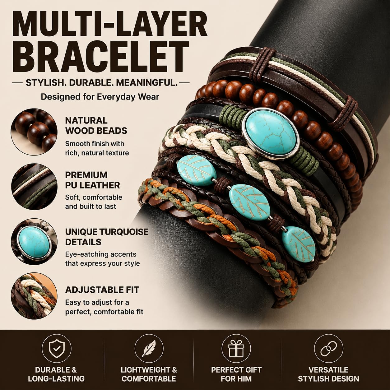 Gothic Bracelet Adjustable Punk Braided Leather Multilayer Grunge Set Bracelets Emo Metal Cuff Wrap Bangles Meaningful Gift