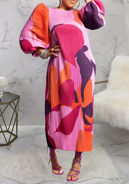 Women Colorful African Dress Floral Party Pleated Maxi Dress