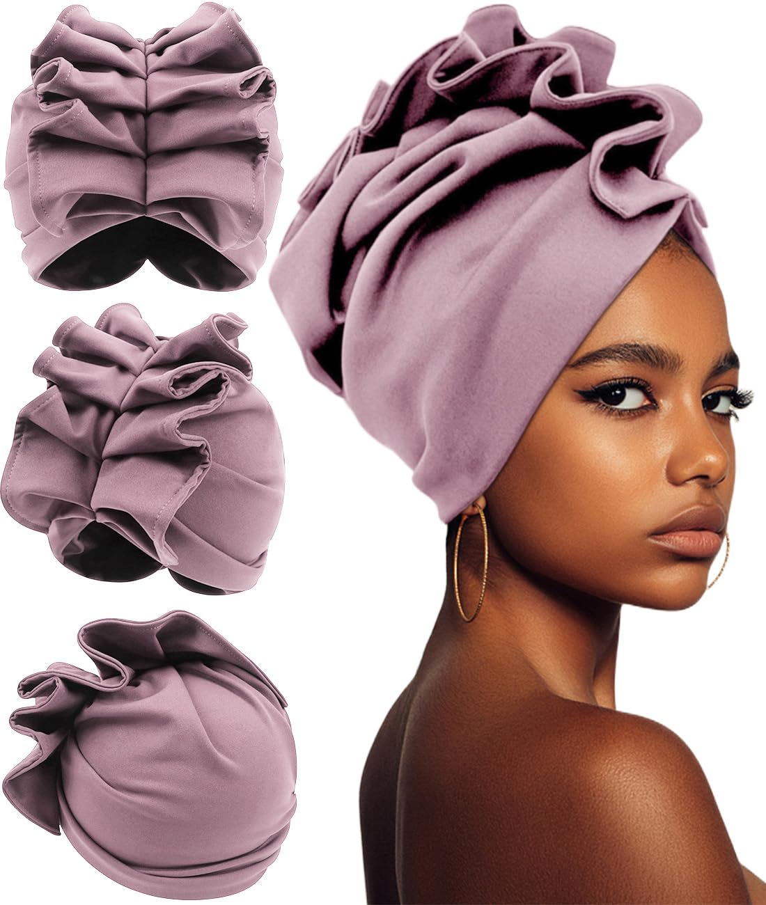 Babalet Stretch Turban Hats for Women, African Double-Layered Headwraps Soft Pre Tied Pleated Ruffled Hat