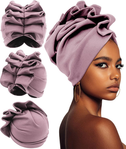 Babalet Stretch Turban Hats for Women, African Double-Layered Headwraps Soft Pre Tied Pleated Ruffled Hat