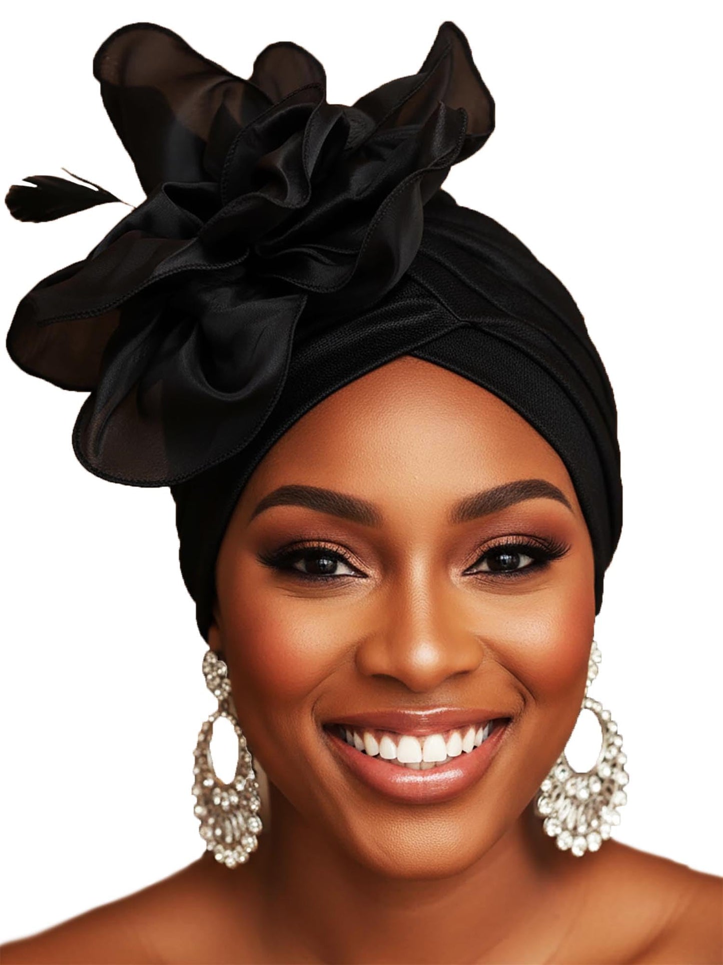 Woeoe Flower Turban Cap 20s Feather Fascinator Headwrap for Women