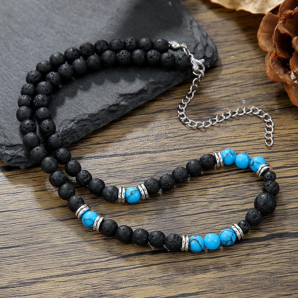 Beaded Necklace for Men,Handmade Men Turquoise Beaded Choker,Natural Wood Bead Necklaces Africa Wooden Chain Statement Unisex Strand Necklaces Hip Hop Beach Jewelry