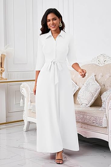 Runwind Women Church Maxi Dresses 3/4 Sleeve Button Down Print Casual Office Dress African