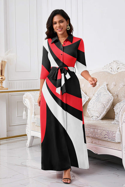 Rumwind Maxi Dresses for Women, 3/4 Sleeve Shirt Collar Casual Afircan Print Church Dress Button Down with Belt and Pockets