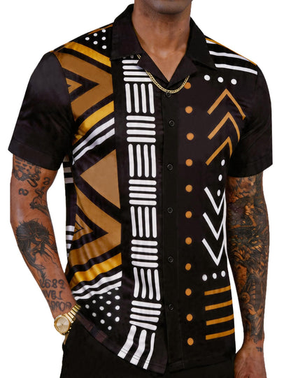 Mens African Dashiki Kente Printed Shirts Cuban Collar Short Sleeve Button Down Vintage Beach Summer Hawaiian Shirts