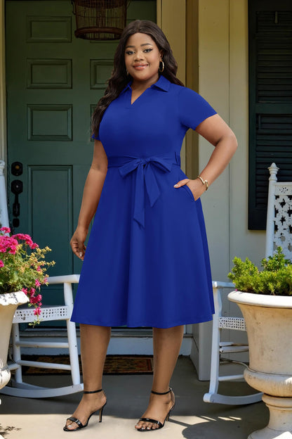 FANDEE Plus Size Dresses, Women Summer Casual V Neck Short Sleeve A-Line Work Cocktail Shirt Midi Dress with Belt and Pockets