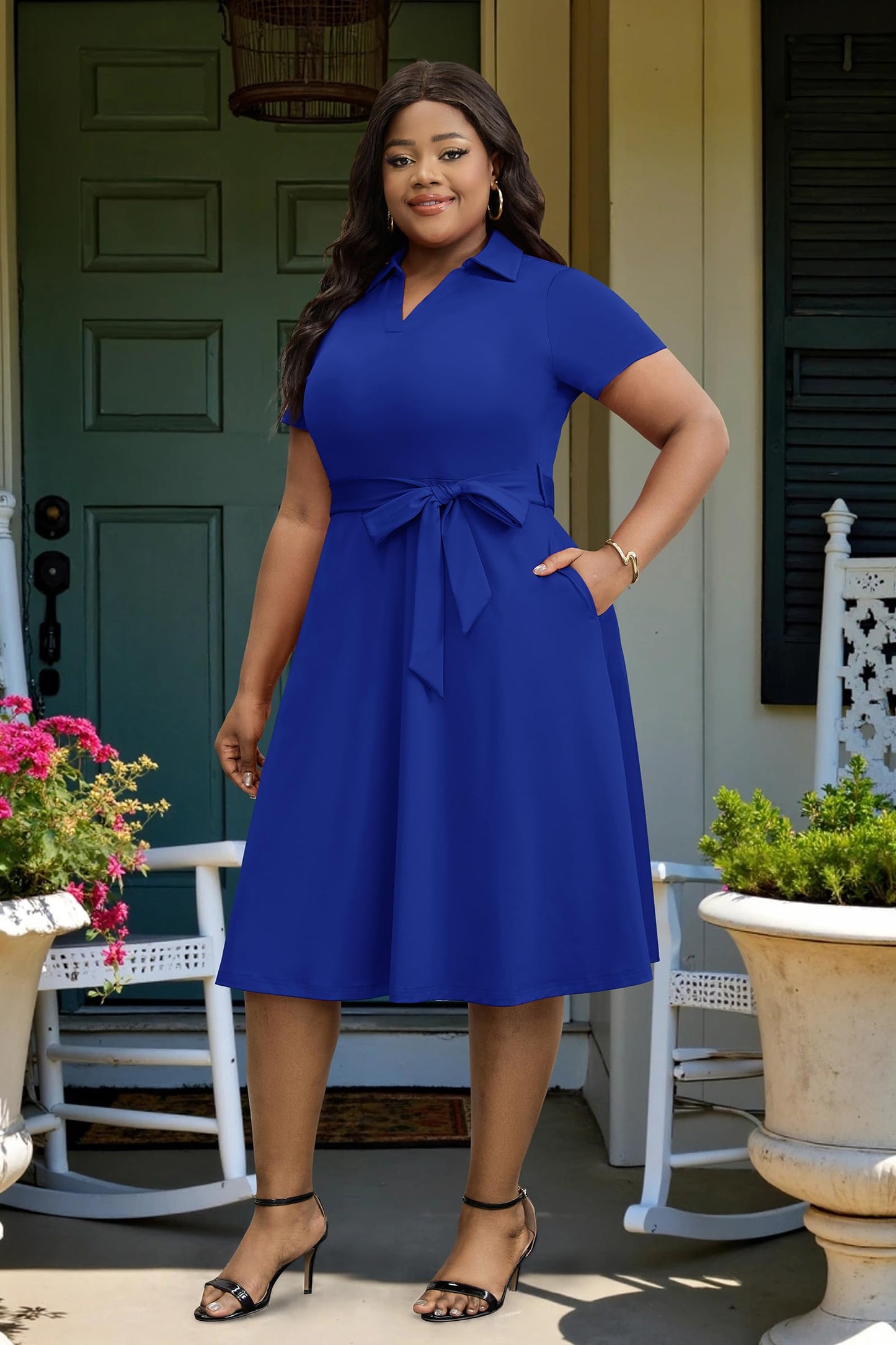 FANDEE Plus Size Dresses, Women Summer Casual V Neck Short Sleeve A-Line Work Cocktail Shirt Midi Dress with Belt and Pockets