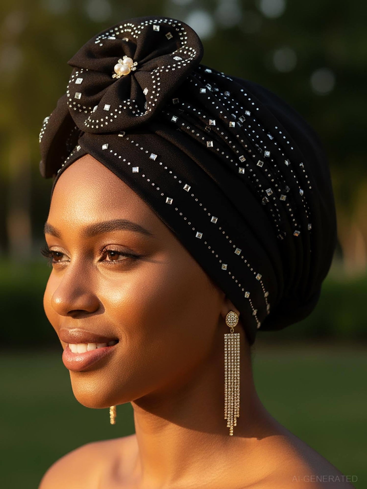 Woeoe Beanie Cap Head Wrap Black Rhinestones Head Scarf Flower Pearls Twisted Head Turban for Women Girls