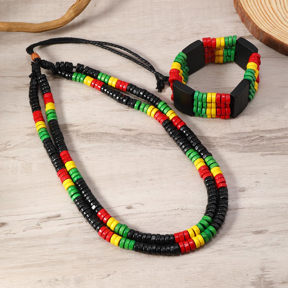 MALOYANVE 6 Pcs Juneteenth African Jewelry Set for Women Jamaican Wood Rasta Beaded Necklace and Bracelet Black History Month Dangle Earrings Jamaican Outfit Rastafari Pride Accessories