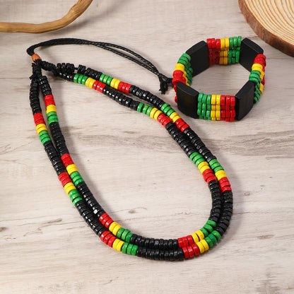 MALOYANVE 6 Pcs Juneteenth African Jewelry Set for Women Jamaican Wood Rasta Beaded Necklace and Bracelet Black History Month Dangle Earrings Jamaican Outfit Rastafari Pride Accessories