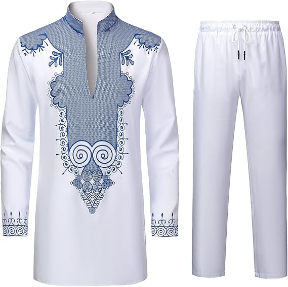 YND Men’s 2 Piece Set African Dashiki Shirt and Pants, Outfit with Gold Print