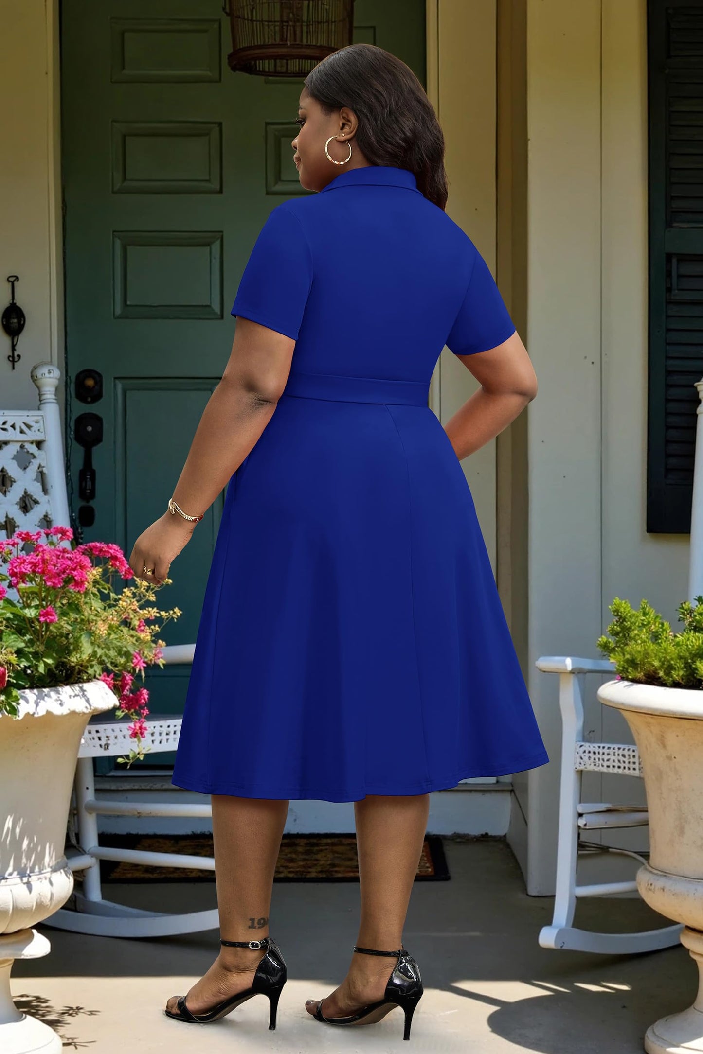 FANDEE Plus Size Dresses, Women Summer Casual V Neck Short Sleeve A-Line Work Cocktail Shirt Midi Dress with Belt and Pockets