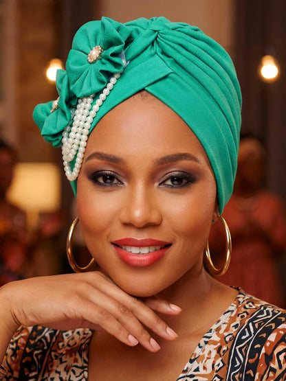 Woeoe Pearl Flower African Hats Pre-Tied Turbans Stretchy Twisted Church Wedding Head Wraps for Women