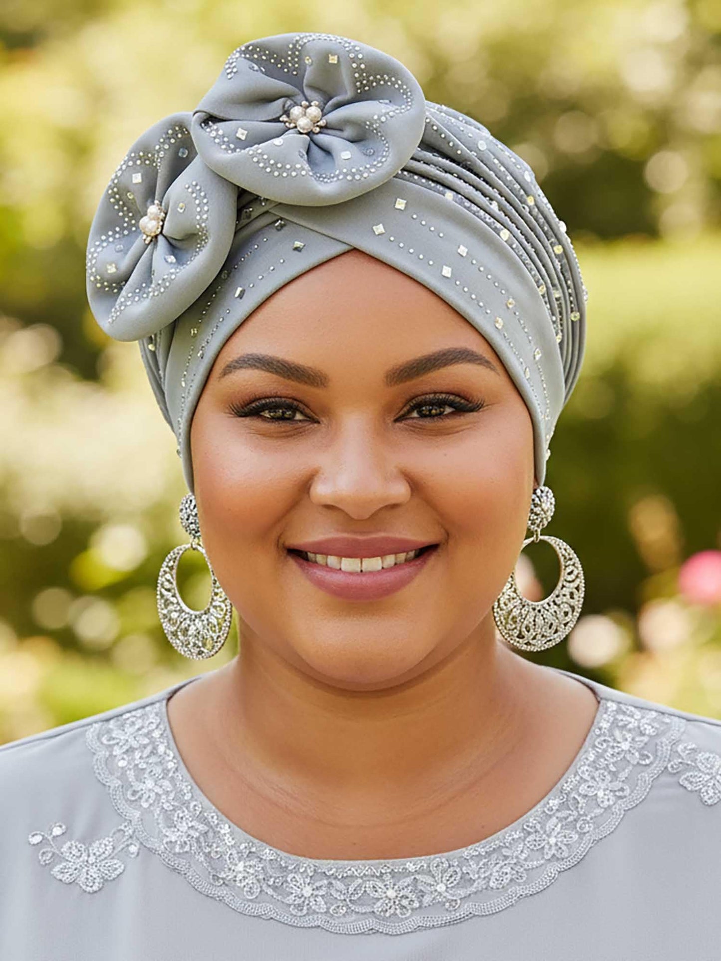 Woeoe Beanie Cap Head Wrap Black Rhinestones Head Scarf Flower Pearls Twisted Head Turban for Women Girls