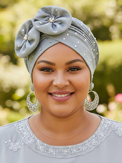 Woeoe Beanie Cap Head Wrap Black Rhinestones Head Scarf Flower Pearls Twisted Head Turban for Women Girls