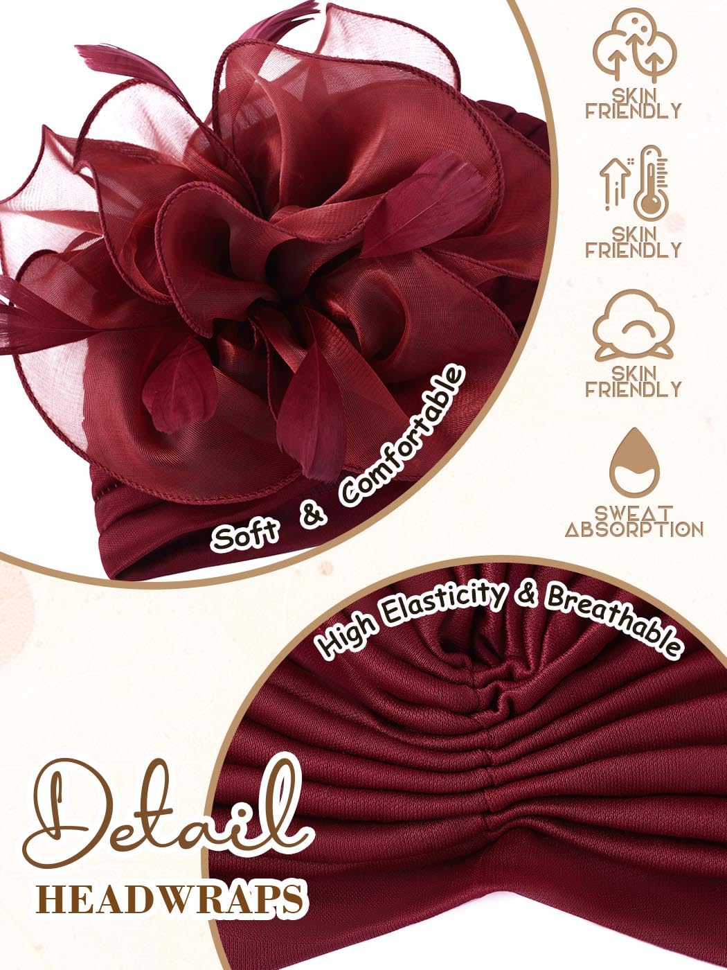 Woeoe Flower Turban Cap 20s Feather Fascinator Headwrap for Women