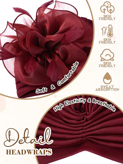 Woeoe Flower Turban Cap 20s Feather Fascinator Headwrap for Women