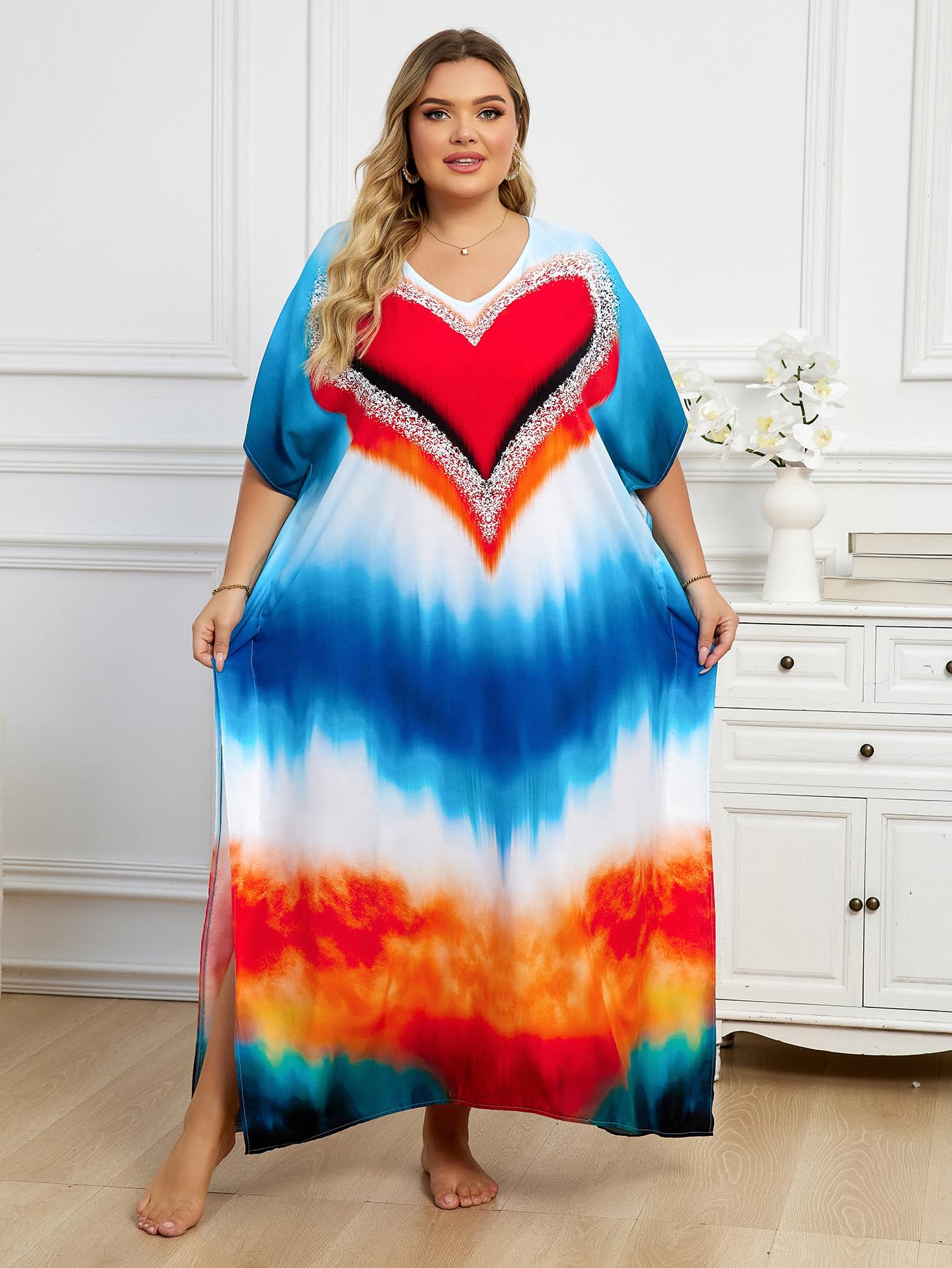 KECVOT Kaftan Dresses for Women V-Neck Print Swimsuit Cover Up Plus Size Beach Caftan Lounge Dress