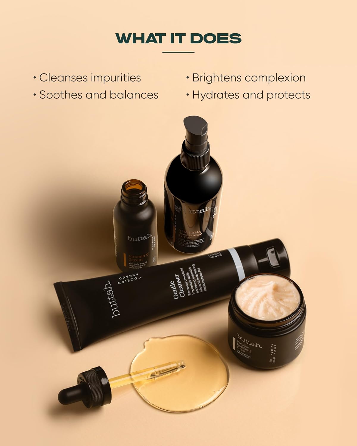 Buttah Skin Supreme Kit for Melanin Rich Skin | Oil-Free Hyaluronic Gel Cream 2 oz | Vitamin C Serum 1 oz | Cleanser 3.4 oz | Rosewater Toner 3.4 oz | Black Owned Skincare