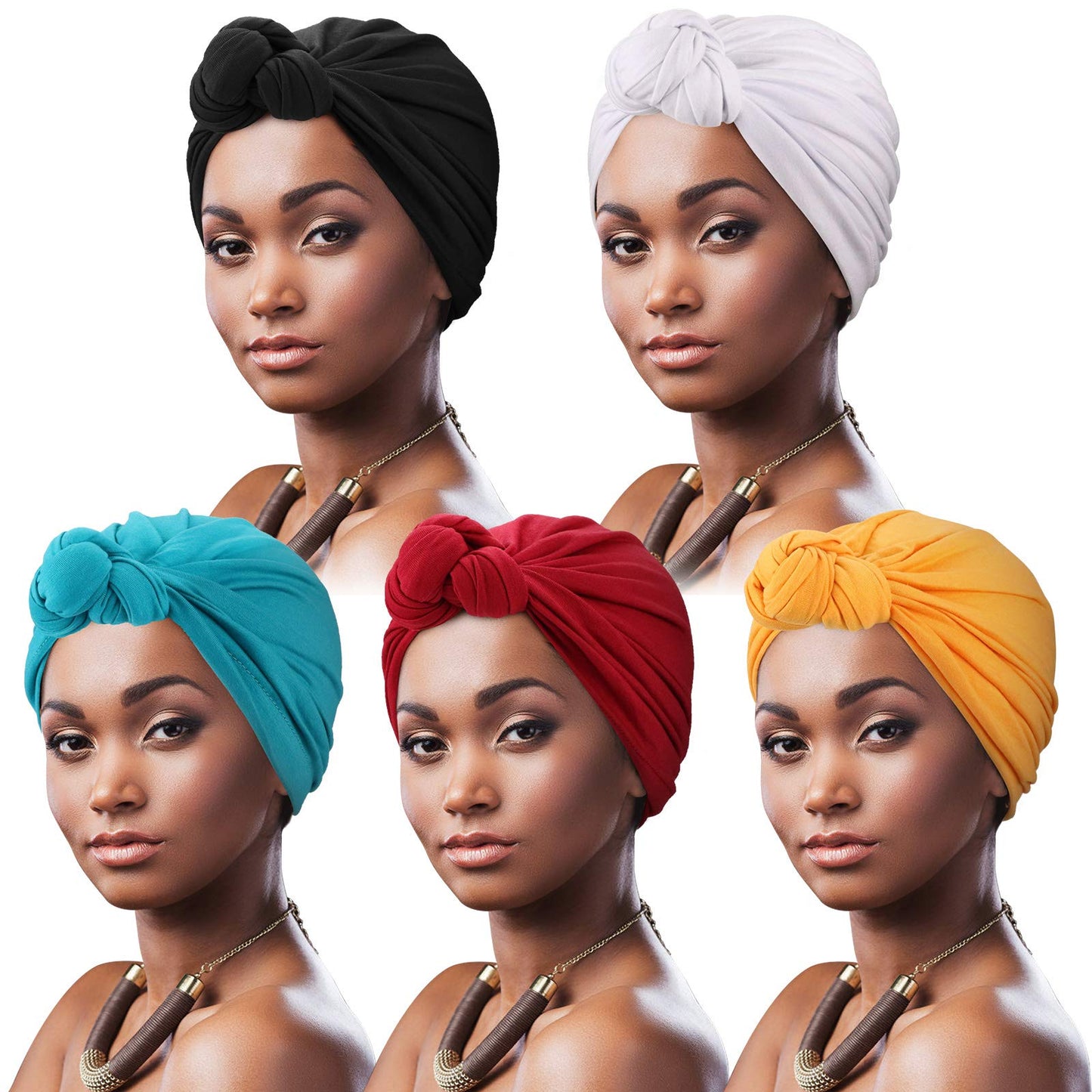 DRESHOW 5 Pack Knotted Headwraps for Women African Turban Pre-Knotted Beanie Headwraps Hair Covers