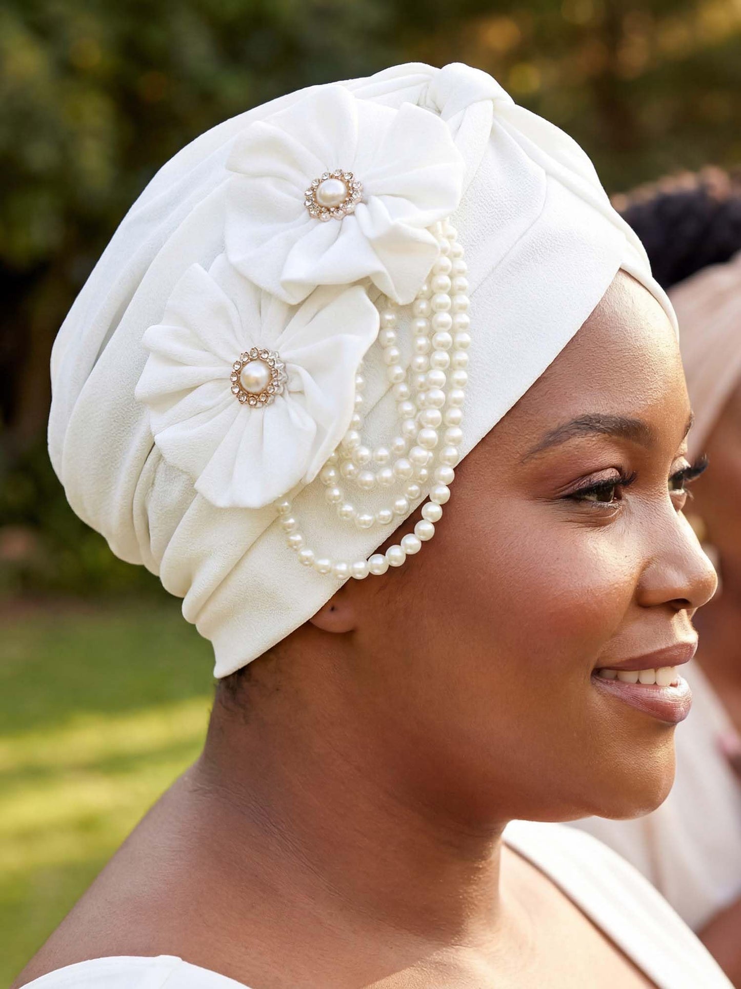 Woeoe Pearl Flower African Hats Pre-Tied Turbans Stretchy Twisted Church Wedding Head Wraps for Women