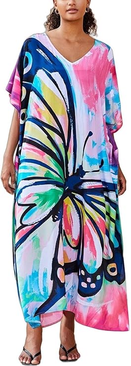 Kaftan Dresses for Women V-Neck Print Swimsuit Cover Up Plus Size Beach Caftan Lounge Dress