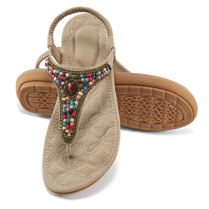 Ecetana Women's Flat Sandals Comfort Beaded Boho Summer Ankle Strap