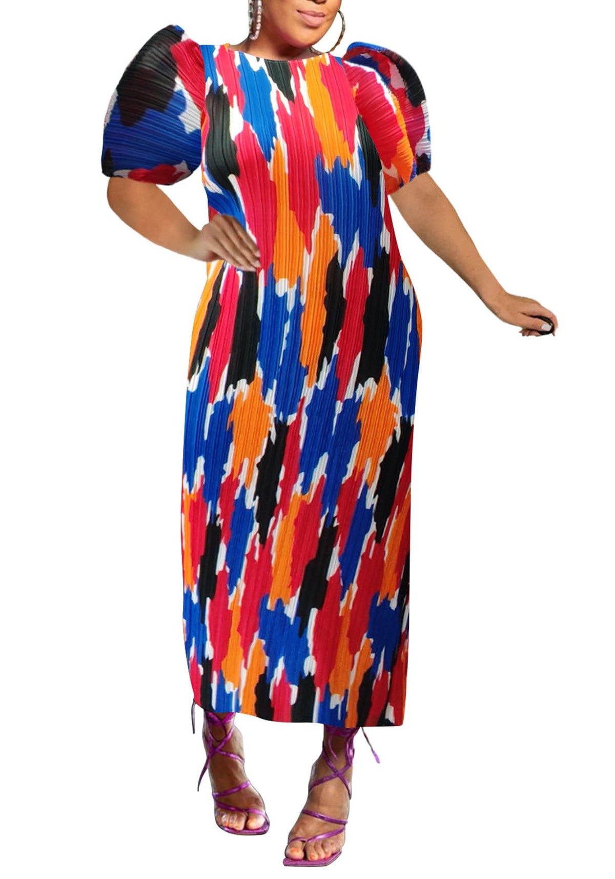 Women Colorful African Dress Floral Party Pleated Maxi Dress