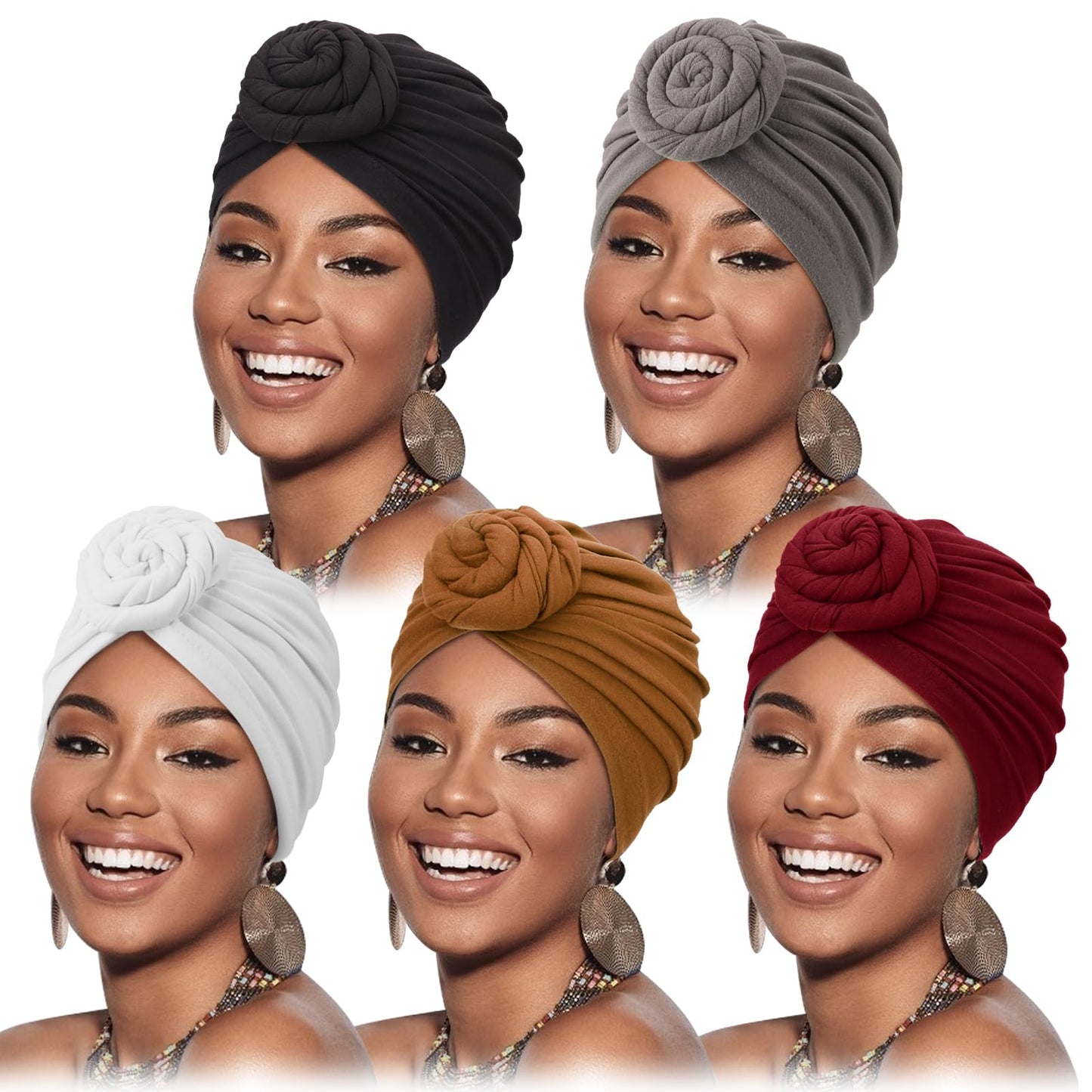 DRESHOW 5 Pack Knotted Headwraps for Women African Turban Pre-Knotted Beanie Headwraps Hair Covers