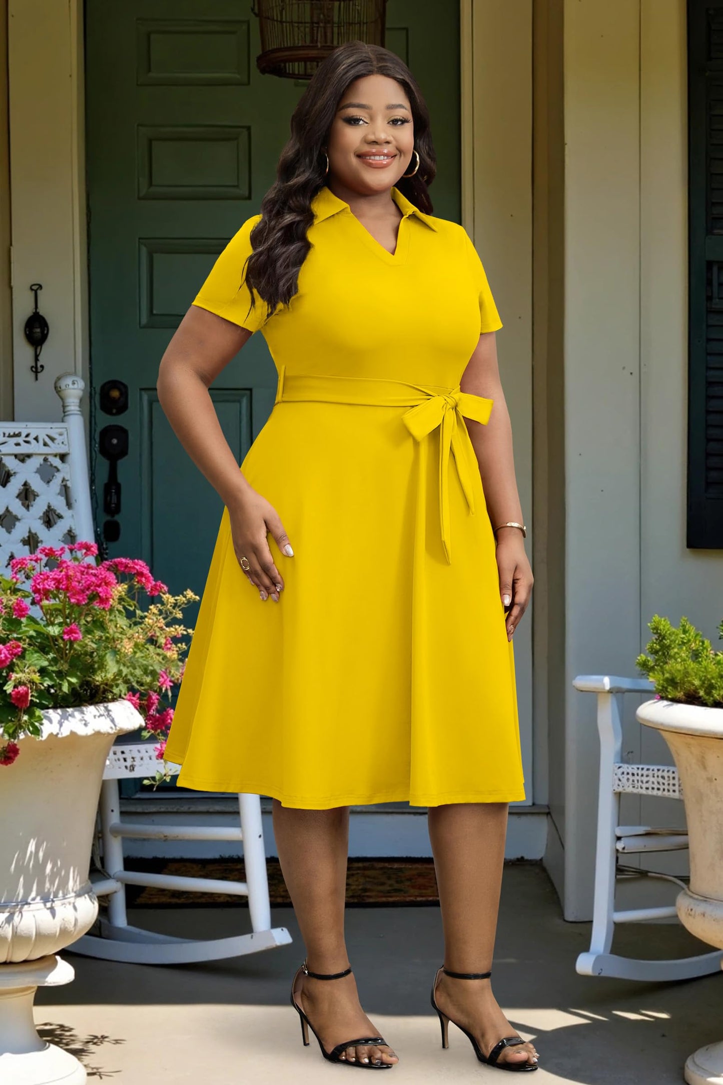 FANDEE Plus Size Dresses, Women Summer Casual V Neck Short Sleeve A-Line Work Cocktail Shirt Midi Dress with Belt and Pockets