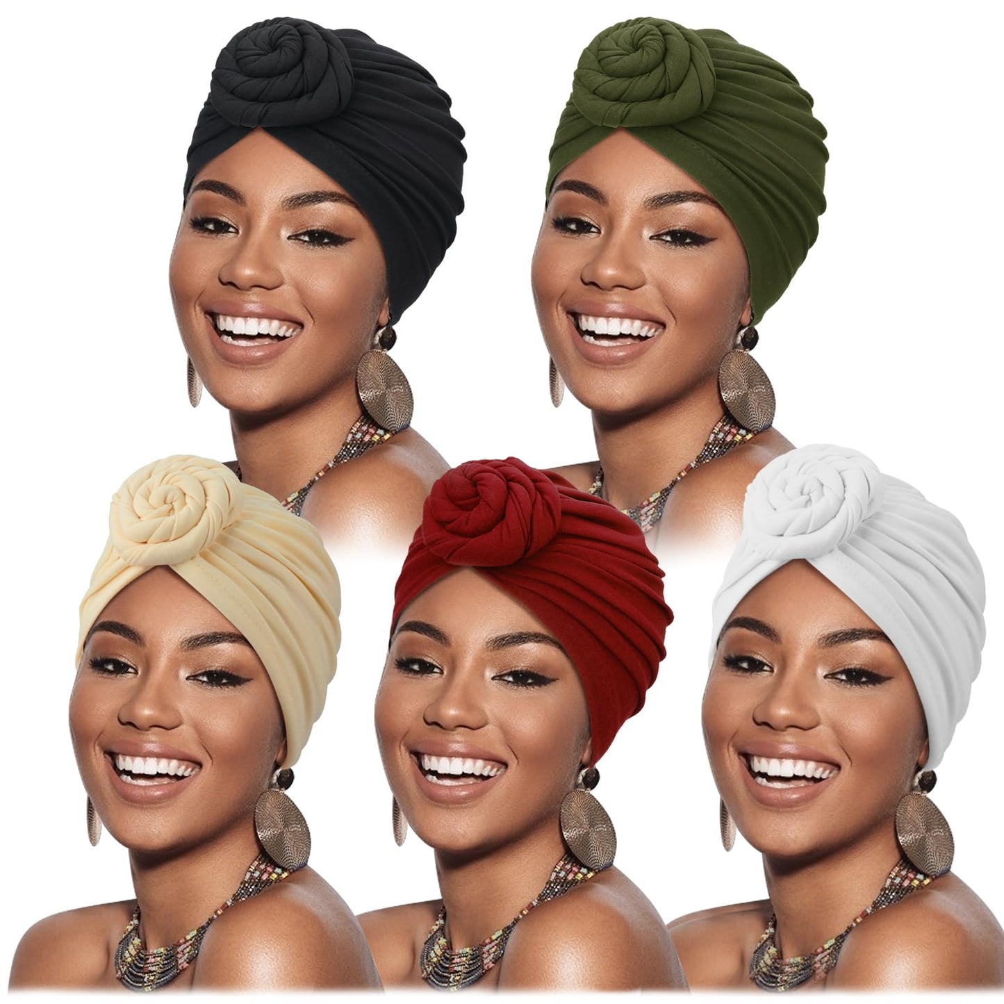 DRESHOW 5 Pack Knotted Headwraps for Women African Turban Pre-Knotted Beanie Headwraps Hair Covers