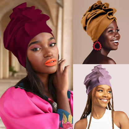 Babalet Stretch Turban Hats for Women, African Double-Layered Headwraps Soft Pre Tied Pleated Ruffled Hat