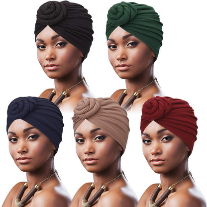 DRESHOW 5 Pack Knotted Headwraps for Women African Turban Pre-Knotted Beanie Headwraps Hair Covers