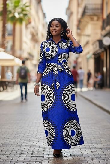 Runwind Women Church Maxi Dresses 3/4 Sleeve Button Down Print Casual Office Dress African