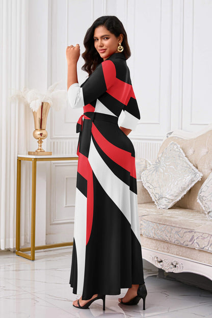 Rumwind Maxi Dresses for Women, 3/4 Sleeve Shirt Collar Casual Afircan Print Church Dress Button Down with Belt and Pockets