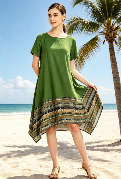 Minibee Women's Ethnic Cotton Linen Short/Long Sleeves Irregular Dress