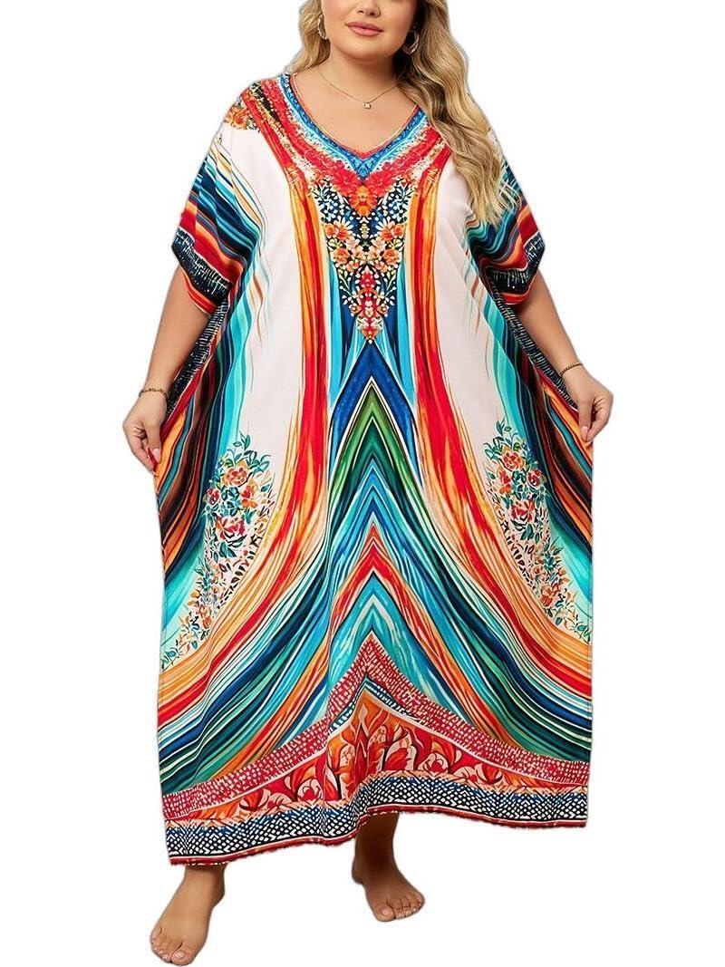 KECVOT Kaftan Dresses for Women V-Neck Print Swimsuit Cover Up Plus Size Beach Caftan Lounge Dress