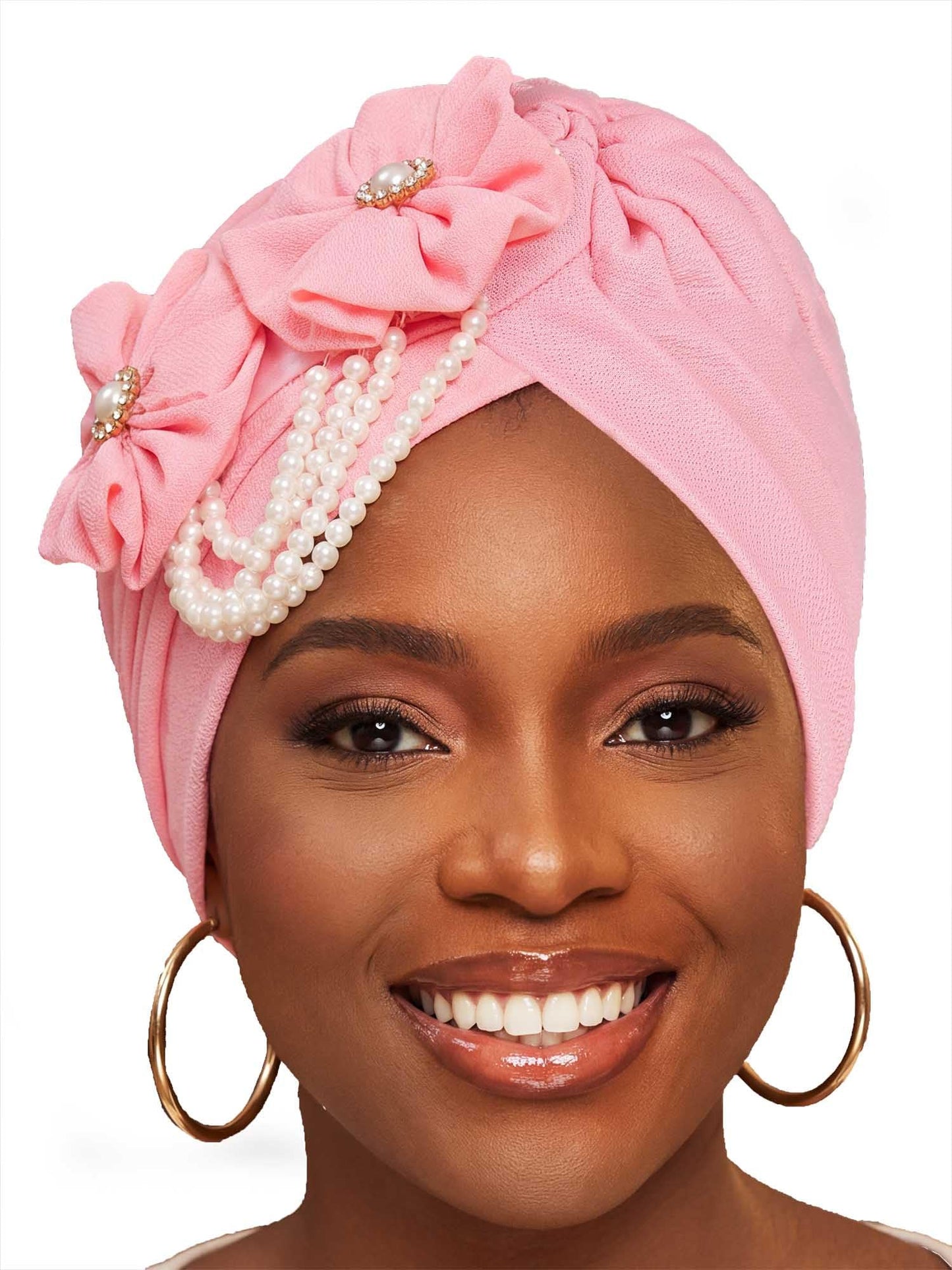 Woeoe Pearl Flower African Hats Pre-Tied Turbans Stretchy Twisted Church Wedding Head Wraps for Women