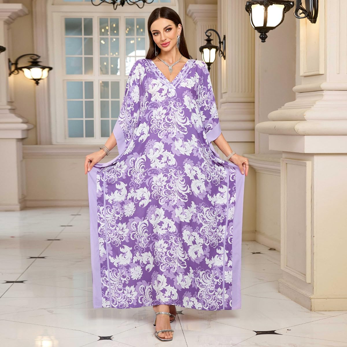 KECVOT Kaftan Dresses for Women V-Neck Print Swimsuit Cover Up Plus Size Beach Caftan Lounge Dress
