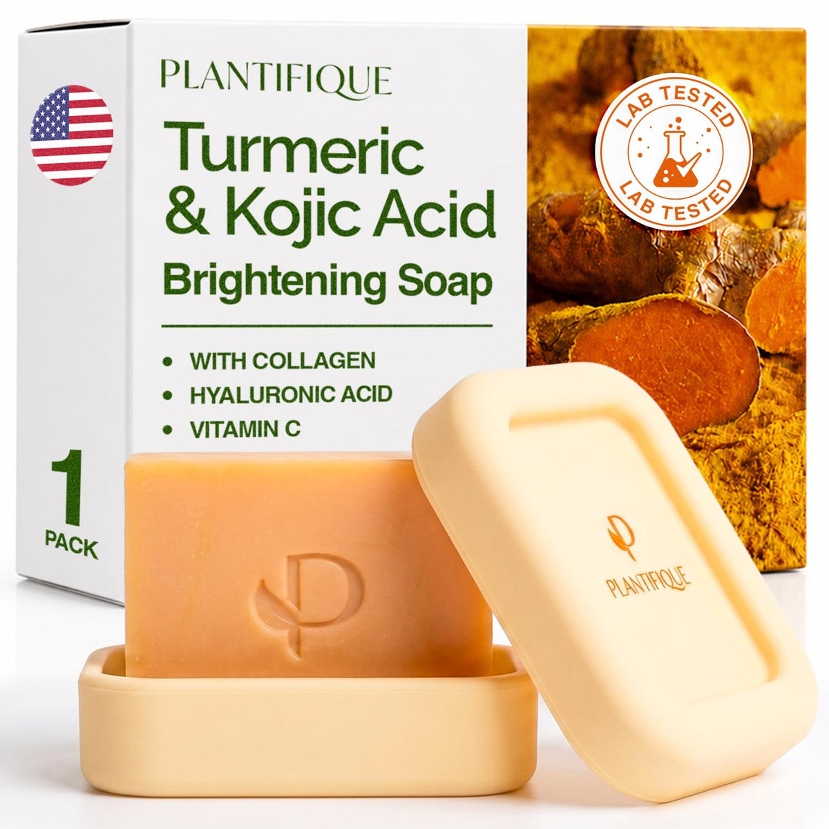PLANTIFIQUE Kojic Acid & Turmeric Soap for Dark Spots, Lab Tested, 3 Pack