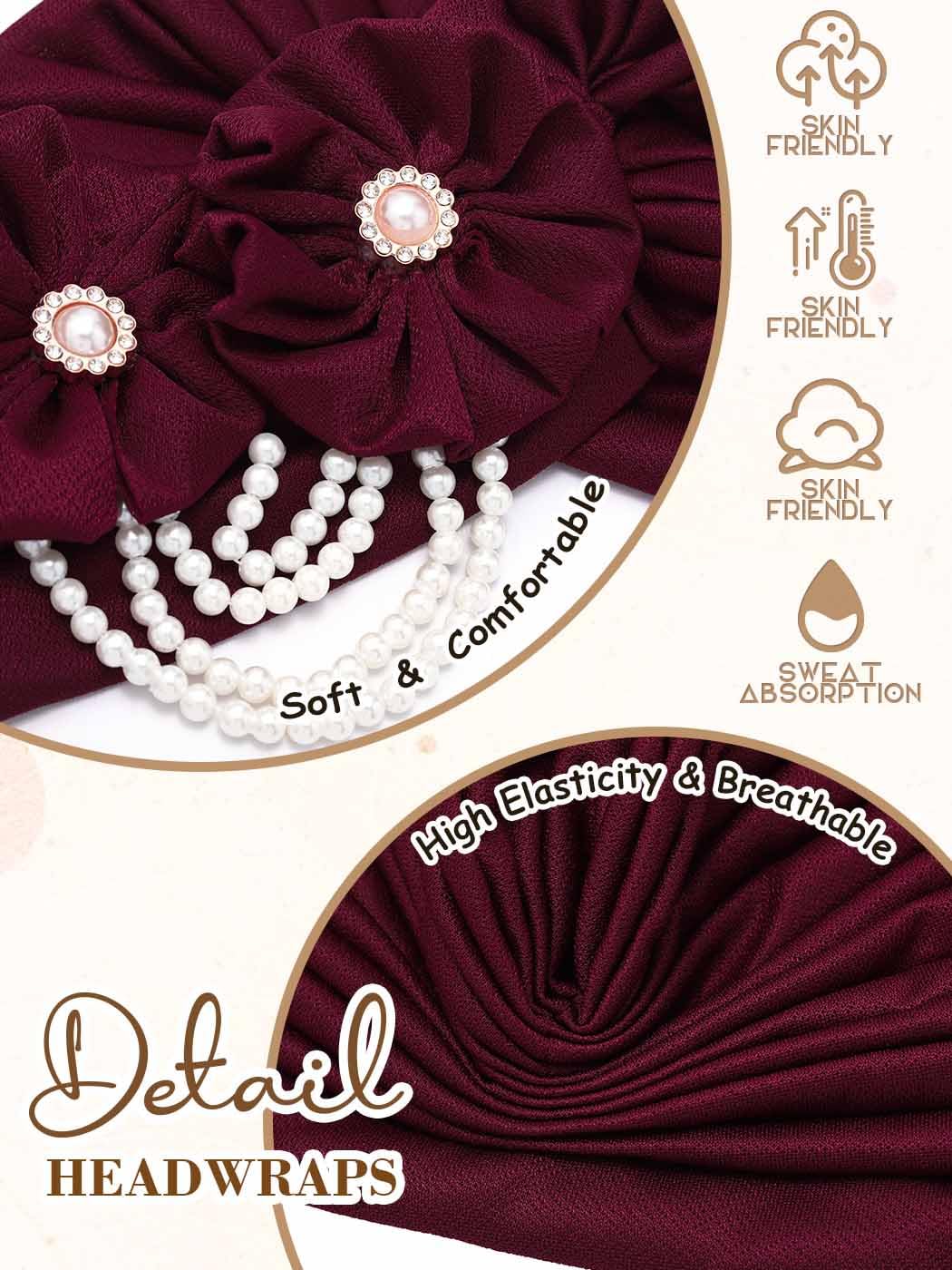 Woeoe Pearl Flower African Hats Pre-Tied Turbans Stretchy Twisted Church Wedding Head Wraps for Women