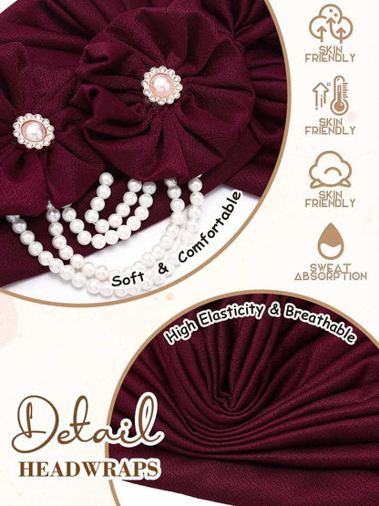 Woeoe Pearl Flower African Hats Pre-Tied Turbans Stretchy Twisted Church Wedding Head Wraps for Women